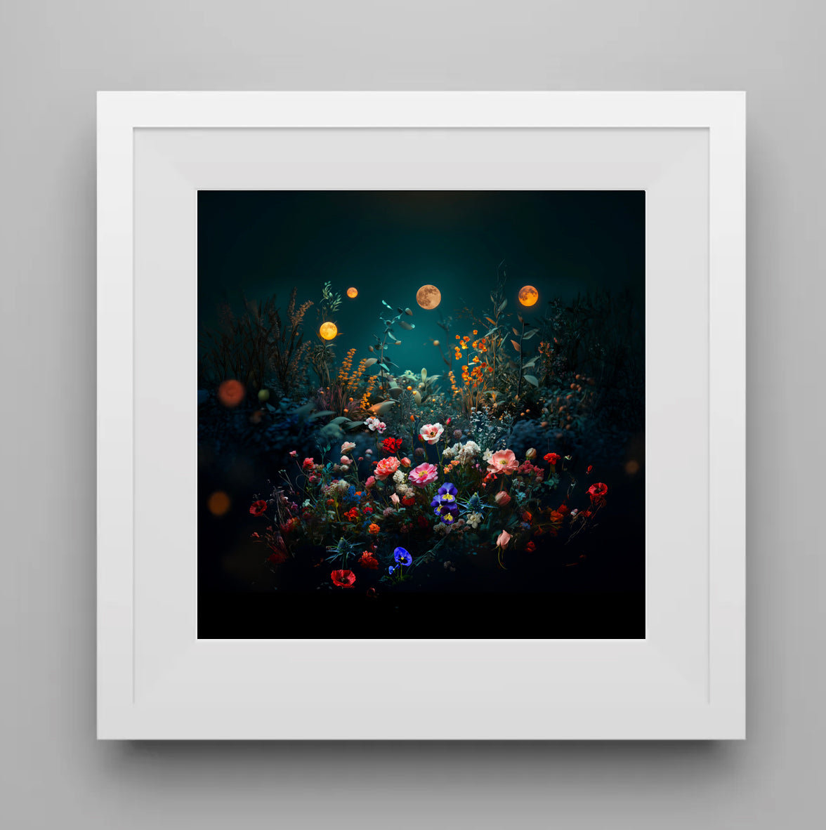 Framed artwork of a night scene with flowers and moons on a black background, fundraiser print, Swale, Floating Garden, collage, photography, contemporary art, mary mattingly, artist, eco art