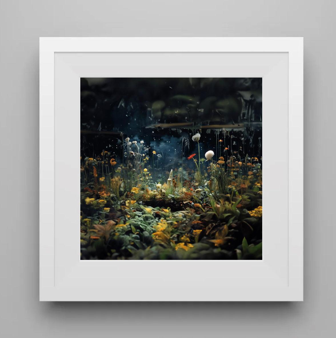Framed artwork of a dark, mystical landscape with plants and figures on a gray background photo collage
