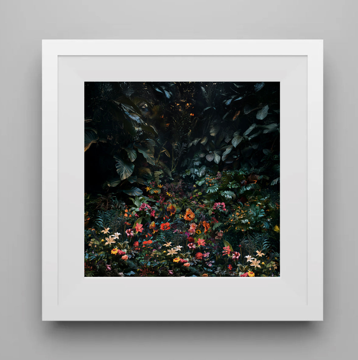 Framed artwork of a dark forest with colorful flowers on a gray background