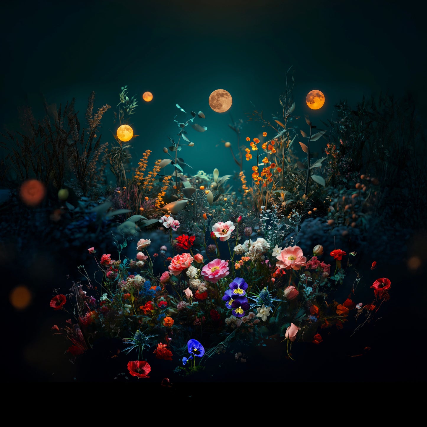 Fantasy scene with glowing flowers and moons in a dark sky. fundraiser print, Swale, Floating Garden, collage, photography, contemporary art, mary mattingly, artist, eco art.