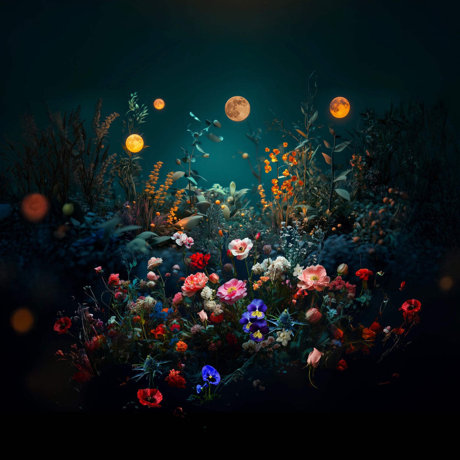 Fantasy scene with glowing flowers and moons in a dark sky. fundraiser print, Swale, Floating Garden, collage, photography, contemporary art, mary mattingly, artist, eco art.