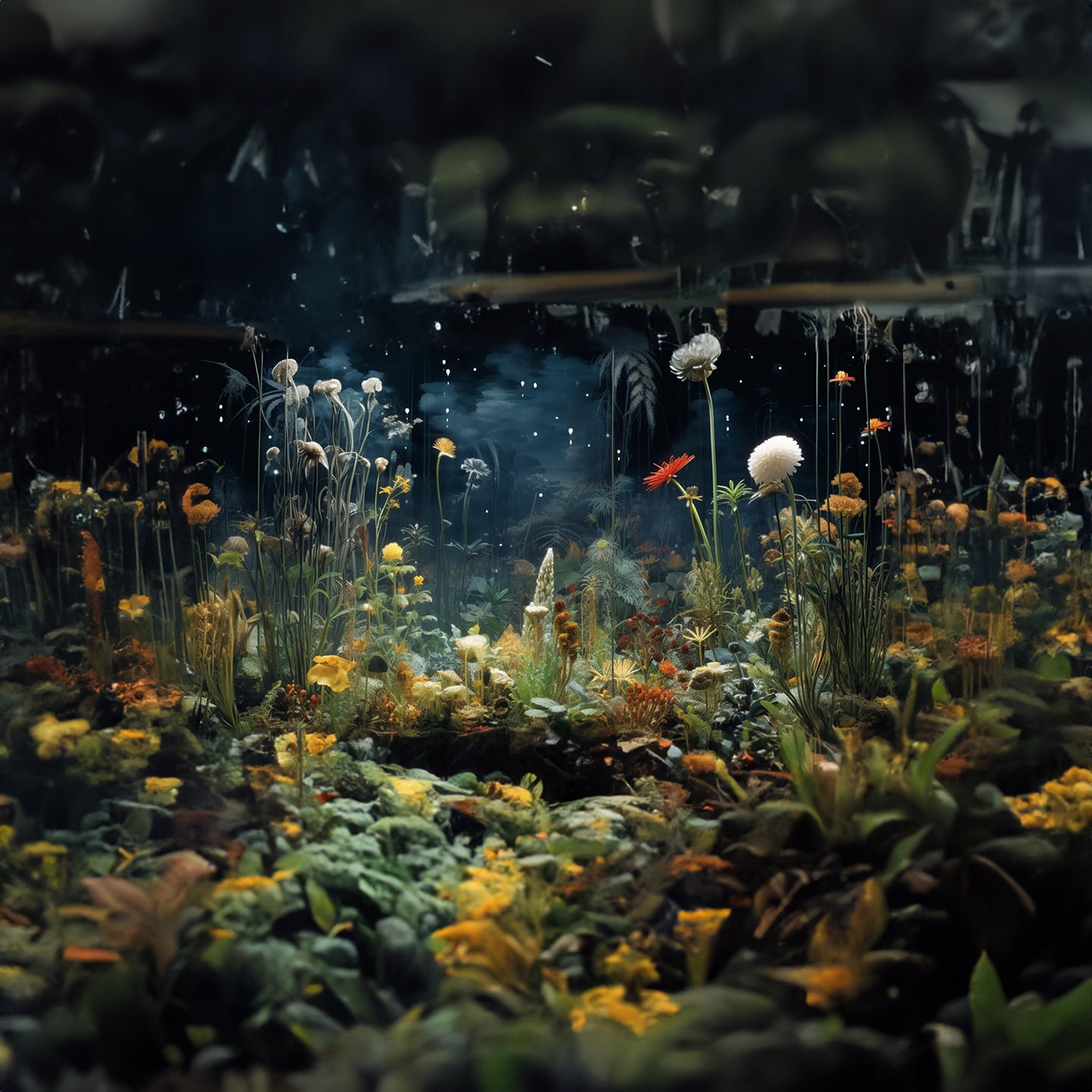 Fantasy underwater scene with glowing plants and creatures, photo collage.