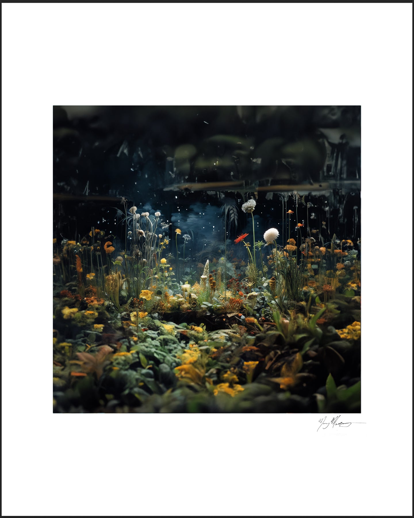 Framed artwork of a dark, mystical forest with glowing flowers photo collage.