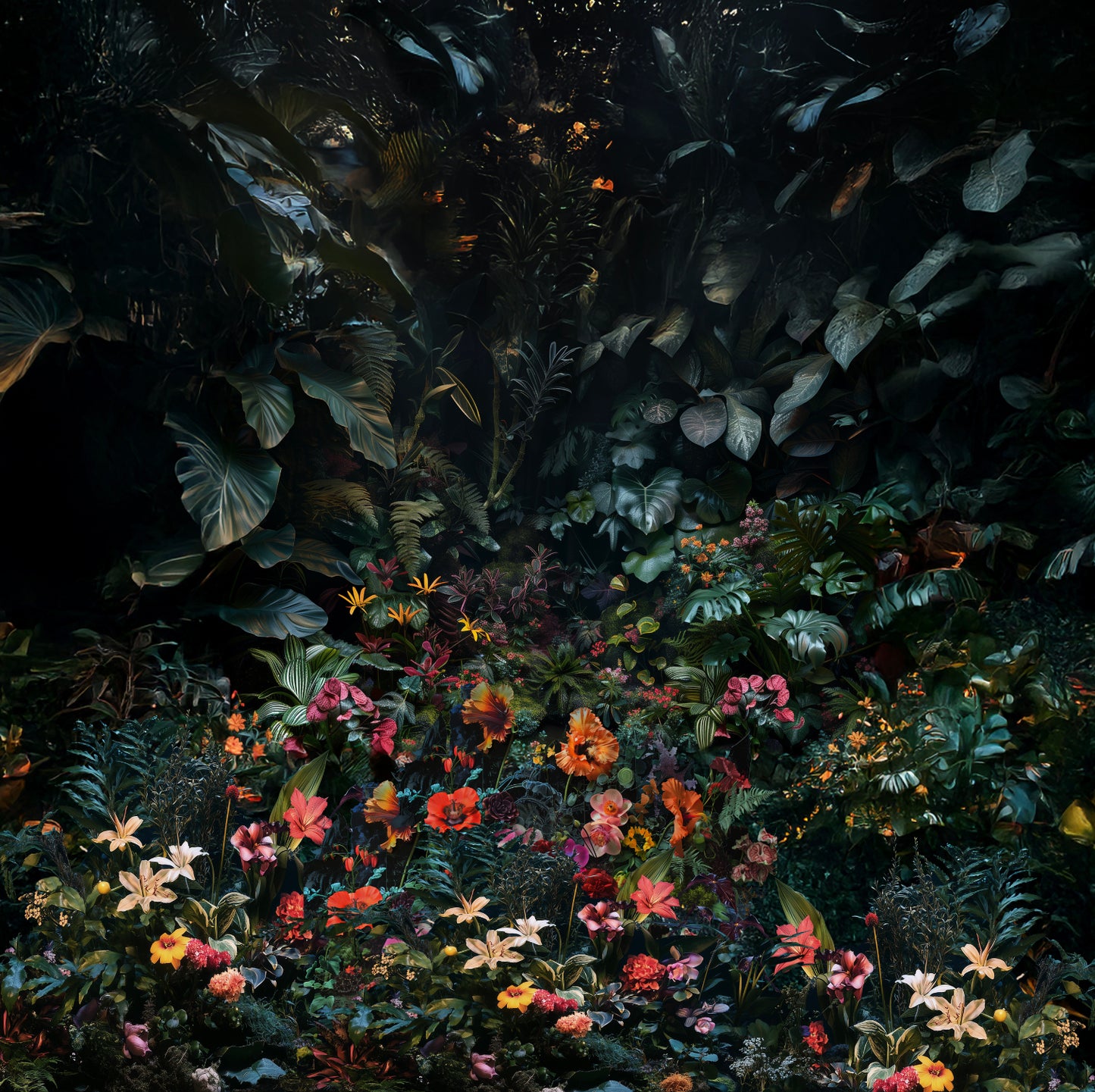 Tropical plant and flower arrangement with a dark background