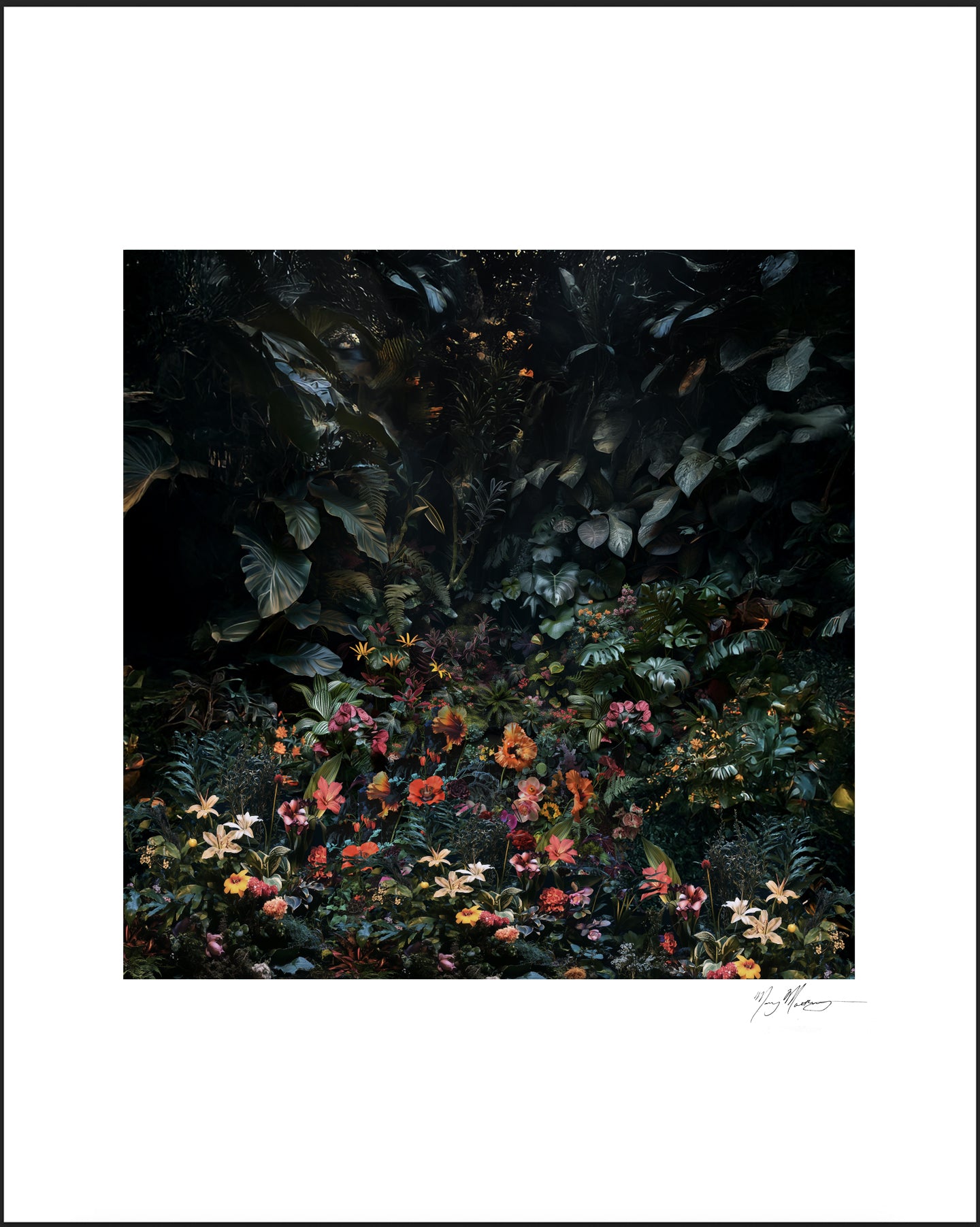 Artistic depiction of a forest with flowers and leaves on a white background collage